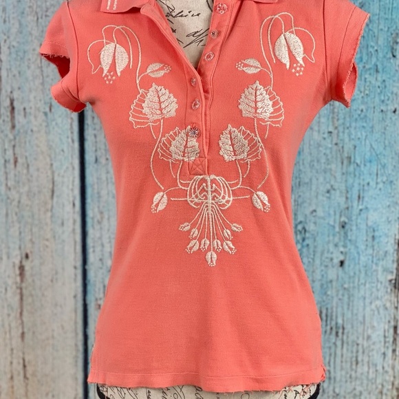 Johnny Was Coral Embroidered Cotton Polo Top - Picture 7 of 14